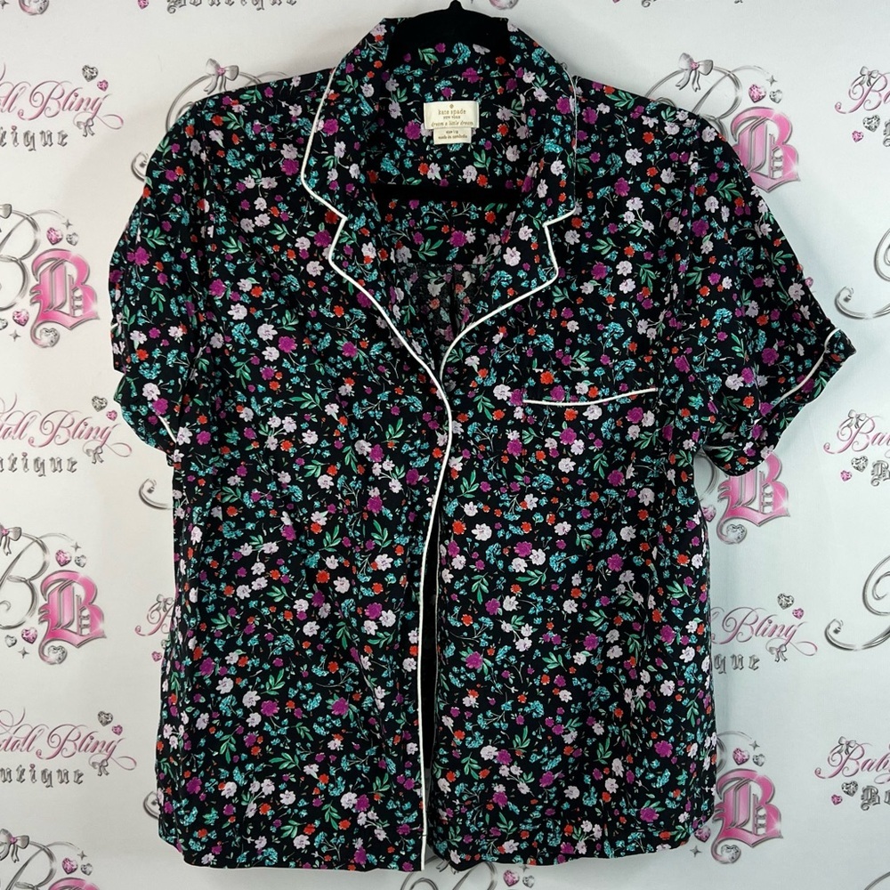 Kate spade button down tshirt button up flowers purple blue green Floral Print